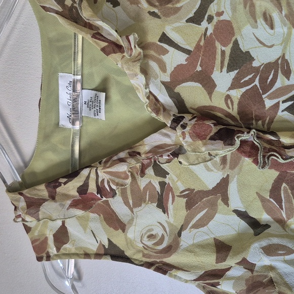 Vintage 90s Retro Silk Floral Ruffle Sleeveless Top Green Brown, Size M, Fairy - Picture 2 of 6